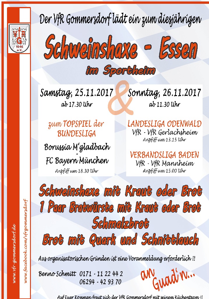 Schweinshaxe-Wochenende am 25./26. November im Sportheim