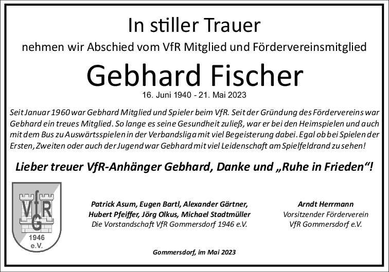 24. Mai: Gebhard Fischer kurz vor dem 83. Geburtstag verstorben