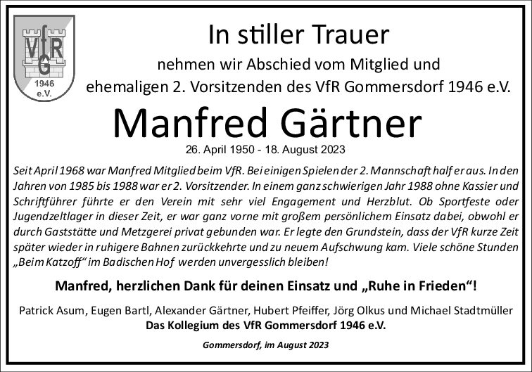 28. August: Ehemaliger 2. Vorsitzender Manfred Gärtner verstorben