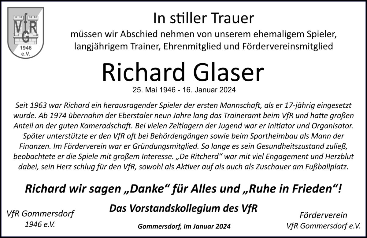 17. Jan.: Richard Glaser ist verstorben