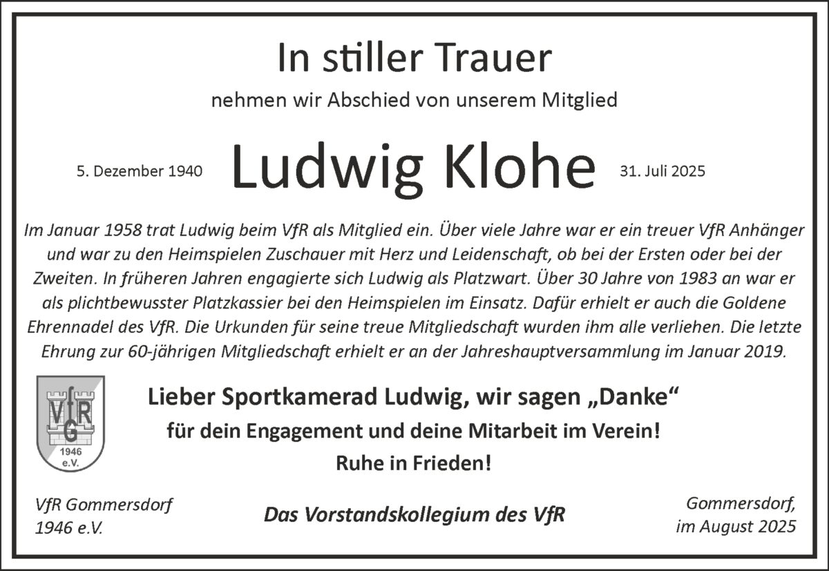 04. August: Trauer um Ludwig Klohe
